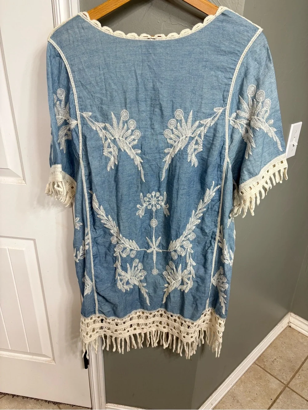 Mango Blue Embroidered Boho Tunic with Cream Crochet